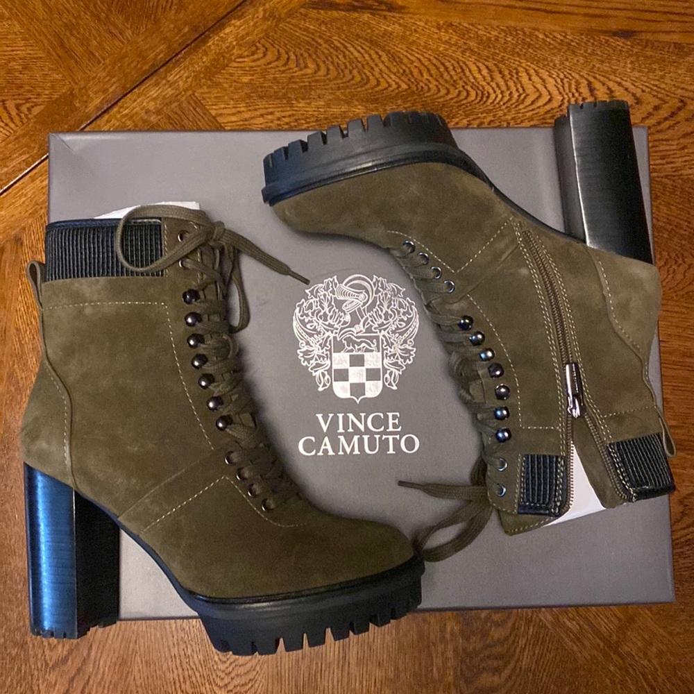 Vince Camuto Combat Boot; Greek Olive High Suede; Size 6.5 Medium
